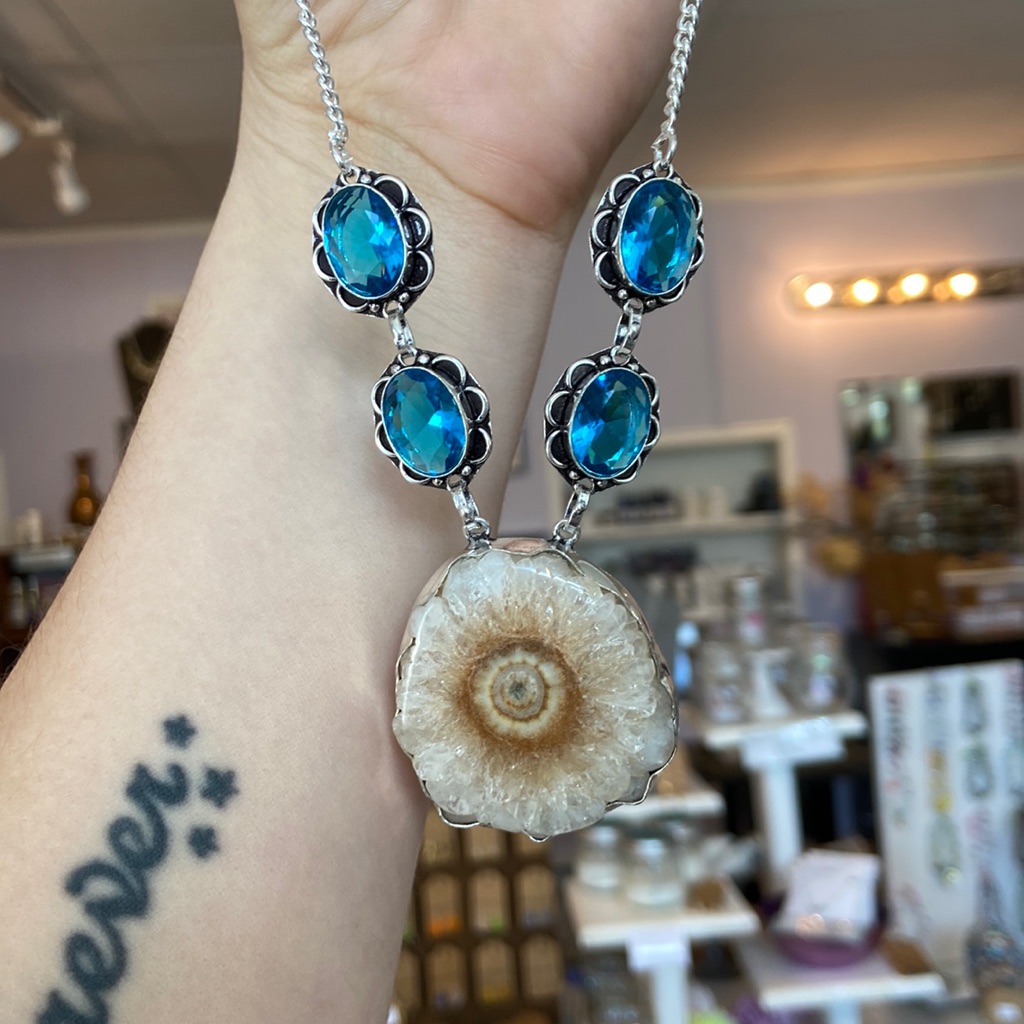 Brand New Solar Quartz  Blue Topaz Sterling Necklace
